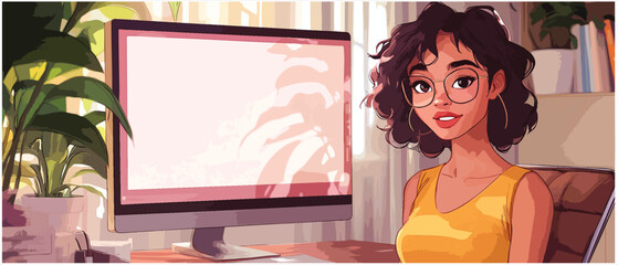 Young woman with curly hair in a yellow top working at a modern desk beside houseplants in a bright room with a computer