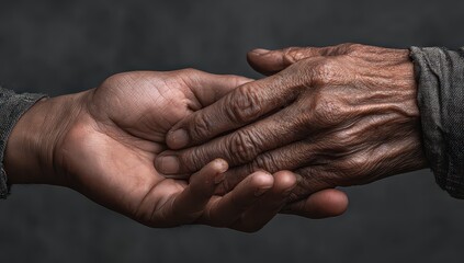 Fototapeta premium Closeup Of Two Hands Holding Touching In Dark Background