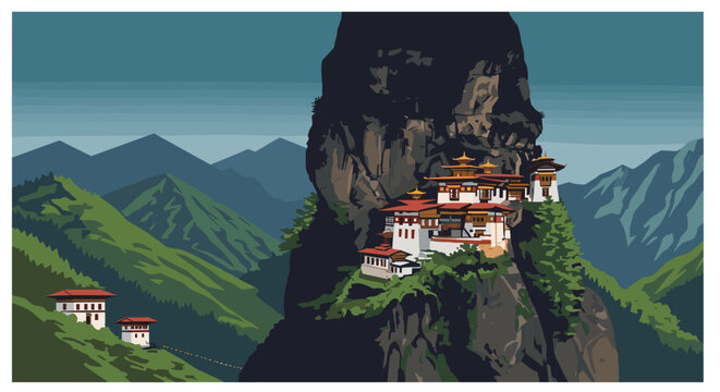 Buddhist monastery on cliffside bhutan digital art mountainous landscape aerial view serenity and spirituality. Vector illustration