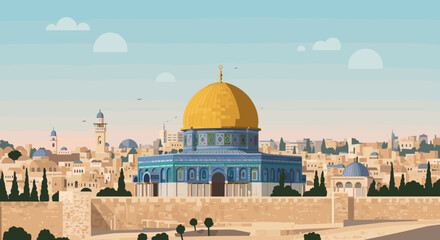 Fototapeta premium Historic dome of the rock jerusalem digital illustration urban landscape aerial view cultural significance. Vector illustration