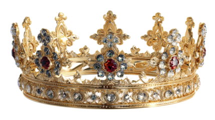 Ornate Golden Royal Crown Adorned with Red and Clear Gemstones