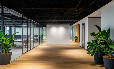 Obraz premium A modern office interior featuring a large blank white wall, clean flooring and floor-to-ceiling windows. 