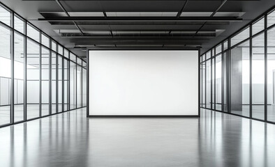 A modern office interior featuring a large blank white wall, clean flooring and floor-to-ceiling windows. 