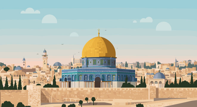 Historic dome of the rock jerusalem digital illustration urban landscape aerial view cultural significance. Vector illustration