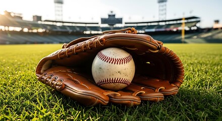 Baseball Mitt Holding a Ball on Green Grass with Stadium Backdrop, Sports Equipment for Athletic Competitions and Leisure Activities