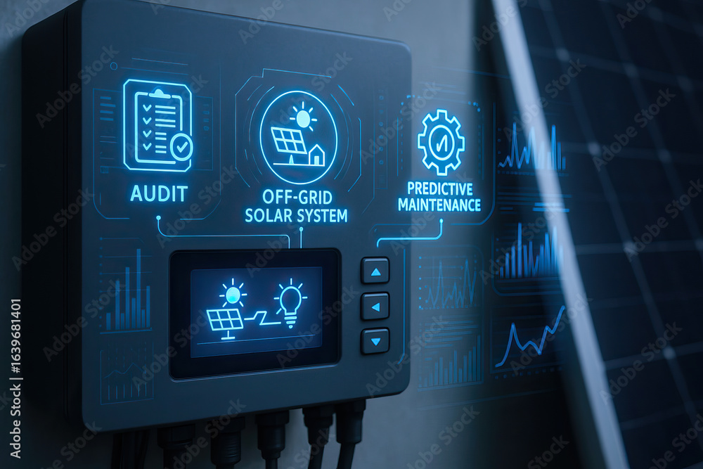 Aufkleber off grid solar system control panel with digital interface showing audit, predictive maintenance, an