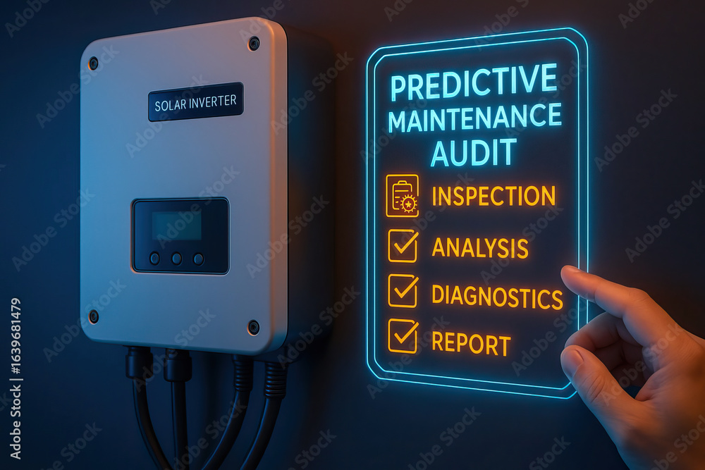 Poster predictive maintenance audit concept with solar inverter and hand interacting with digital checklist