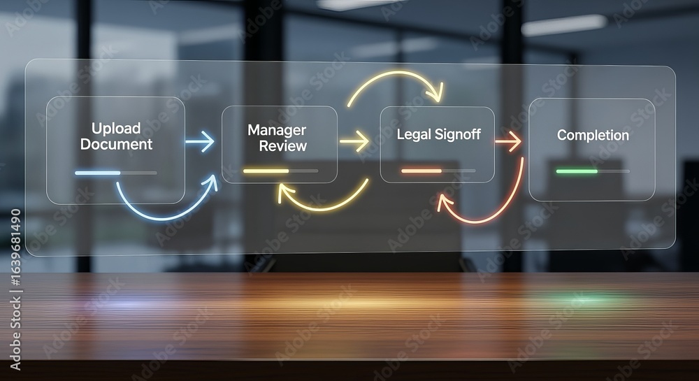 Poster workflow automation with document upload, manager review, legal signoff on transparent background