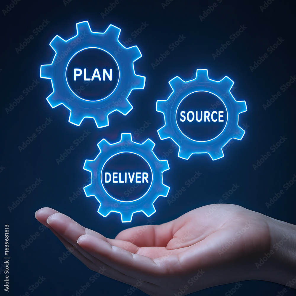 Poster plan source deliver hand gear business concept strategy process technology, showing connection and i