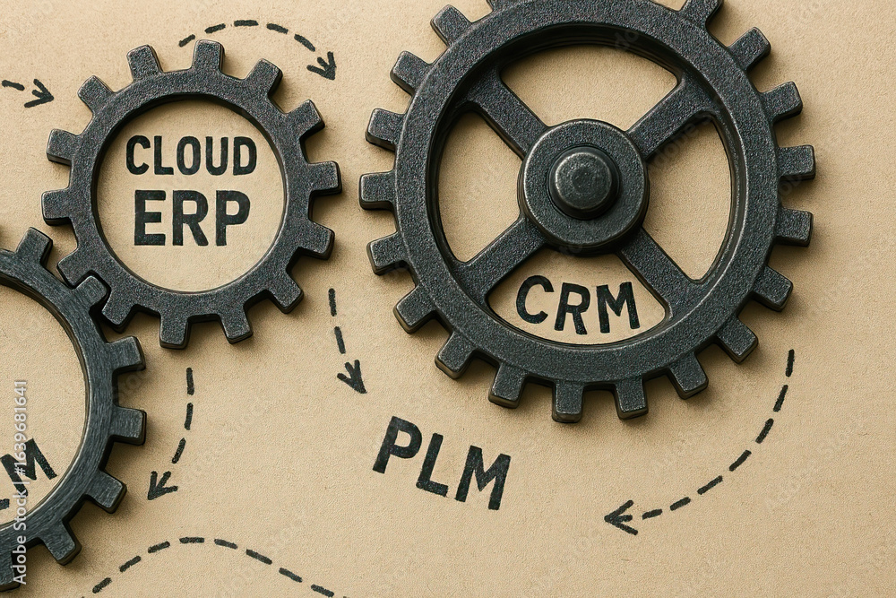 Aufkleber cloud erp, crm, and plm concepts represented by black metal gears on brown paper with arrows showing
