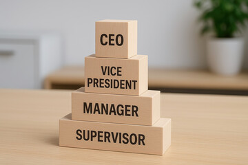 Wooden blocks stacked in pyramid shape showing corporate hierarchy levels including CEO, vice president, manager, and supervisor, symbolizing business leadership and organization structure