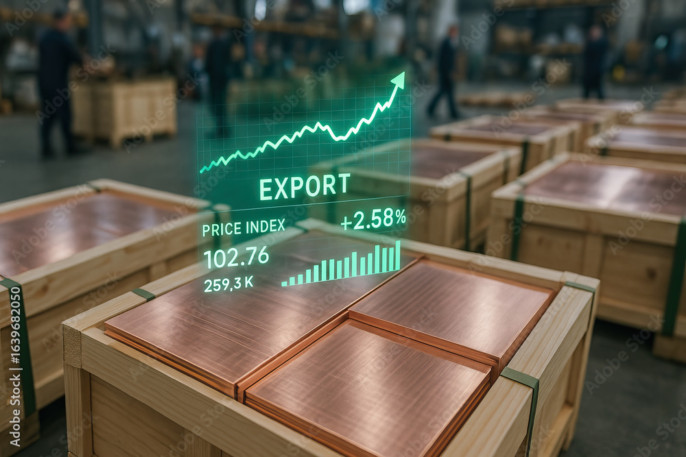 Poster export price index graph, wooden crates with metal sheets, warehouse environment, industrial storage
