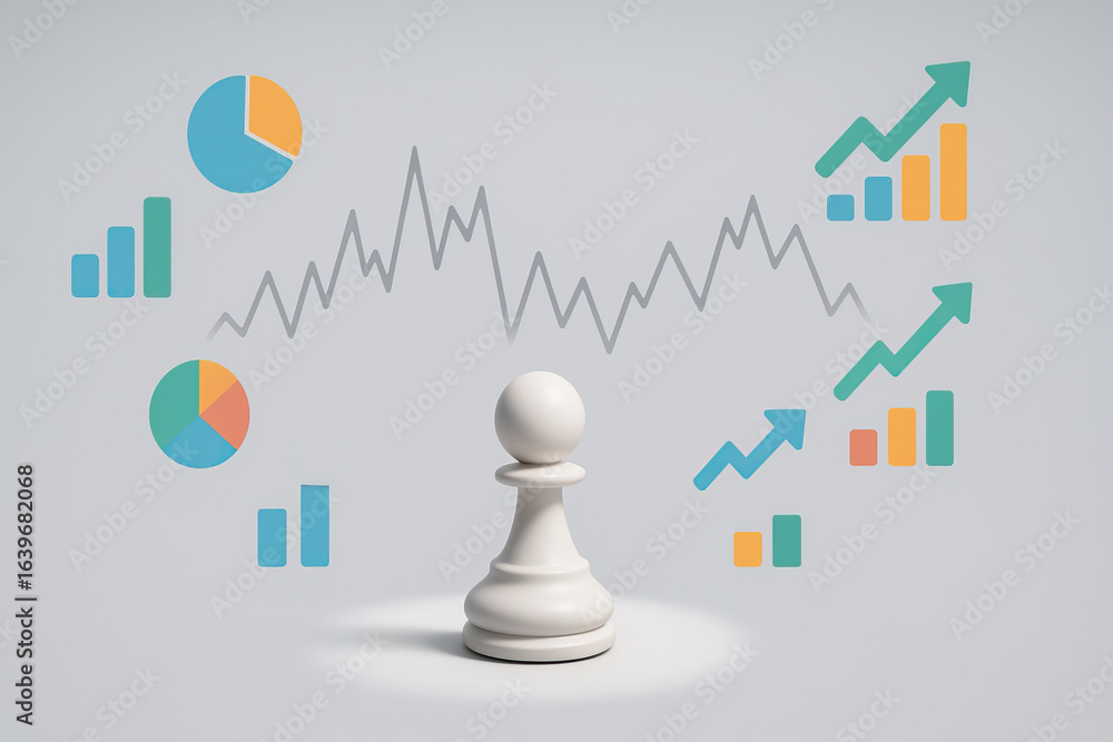 Poster chess pawn business strategy financial growth data analysis pie chart bar graph line graph upward tr