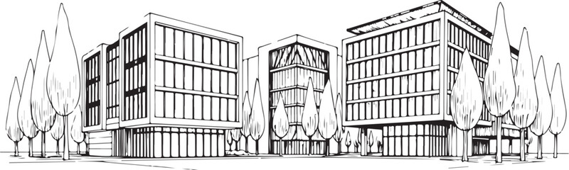 Black and white illustration of modern office buildings, architectural design, vector drawing © Video