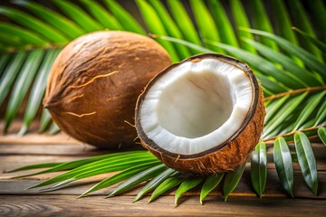 A whole coconut and a halved coconut with white flesh are placed on a wooden surface amidst vibrant green palm leaves, emphasizing a tropical and natural theme