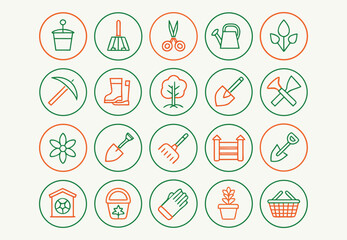Fototapeta premium Collection of green and orange line art icons for gardening and outdoor activities tools
