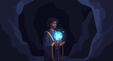 Fototapeta premium Mystical sorcerer in cave holding glowing orb fantasy realm digital art dark environment dramatic viewpoint. Vector illustration
