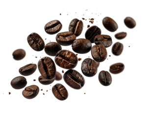 Falling realistic coffee beans isolated on transparent background. Flying defocusing coffee grains. 