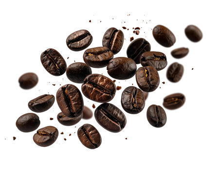 Falling realistic coffee beans isolated on transparent background. Flying defocusing coffee grains. 