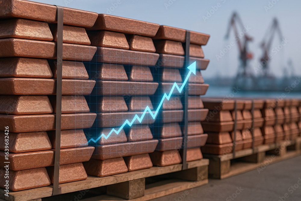 Poster copper bar stack with rising financial graph overlay, symbolizing growth and increasing value in met