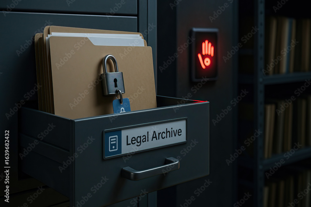 Poster legal archive folder with lock in dark cabinet, secure document storage concept with restricted acce