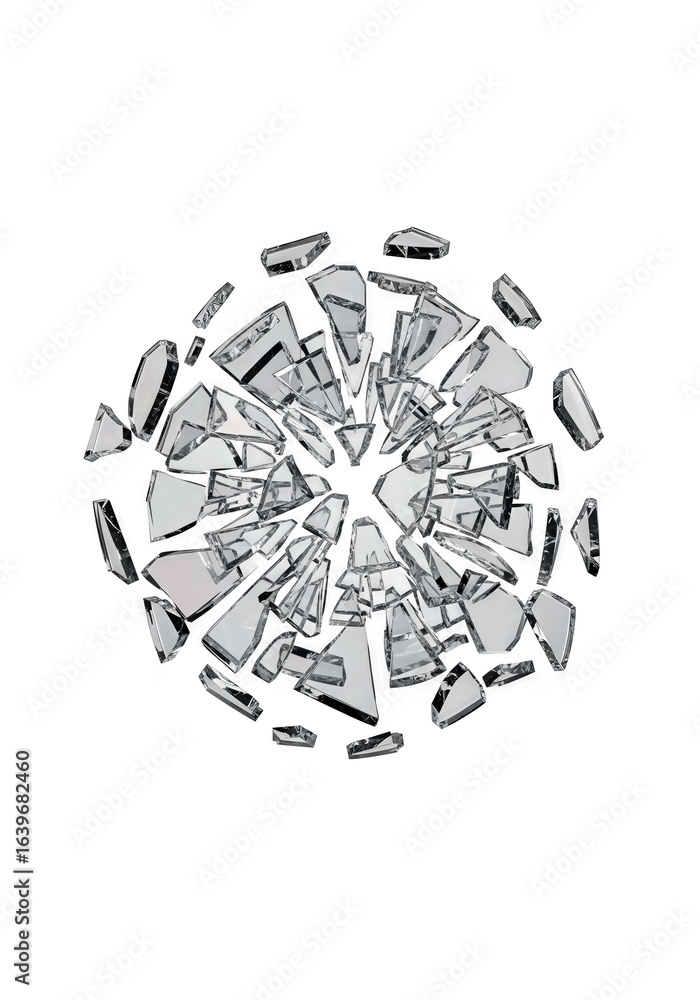 Poster a circular arrangement of shattered glass pieces, radiating outward from a central point, creating a