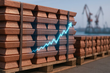Copper bar stack with rising financial graph overlay, symbolizing growth and increasing value in metal market at industrial port setting