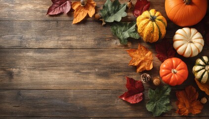 Autumn background with pumpkins and colorful leaves on a wooden table