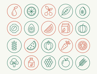 Collection of red and green line art icons of fruits vegetables and food items on a cream background