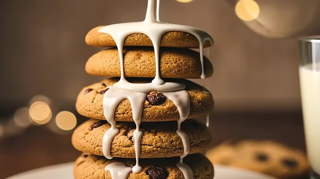 Delicious stack of chocolate chip cookies with creamy frosting, milk in the background, cozy ambiance