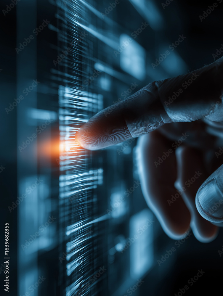 Aufkleber finger touching glowing interface screen with lines of data and information
