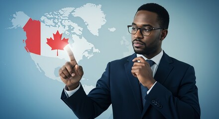 African American businessman touching a map of Canada with his finger, business concept, global economy, international trade, investment strategy, technology and finance