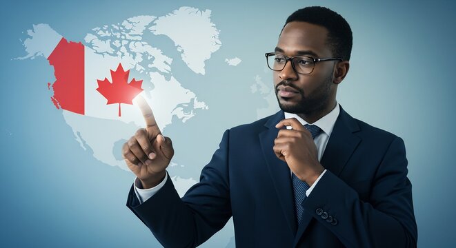 African American businessman touching a map of Canada with his finger, business concept, global economy, international trade, investment strategy, technology and finance