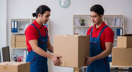 Two Young Caucasian Men in Uniforms Moving a Cardboard Box in an Office Environment, Assisting with Relocation and Delivery Services