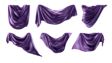 Six purple draped fabric swatches floating in a studio setting