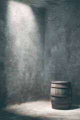 A solitary wooden barrel stands in a dimly lit, textured room, highlighting its rustic charm against the stone walls.
