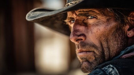 a rugged cowboy with a weathered face and hat, sitting in the sunset