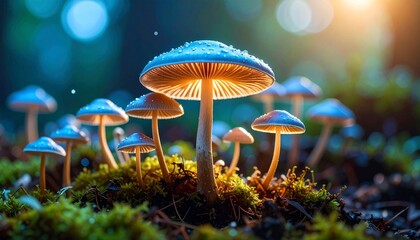 Fototapeta premium A magical forest scene with a cluster of luminous mushrooms, showcasing their vibrant textures and the soft, dreamy light filtering through the trees.