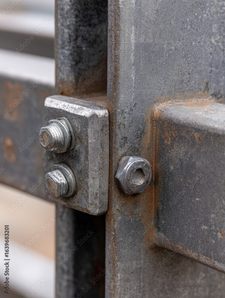 Poster close-up of a metallic gate hinge showing detailed rust and bolts, set against a blurred constructio