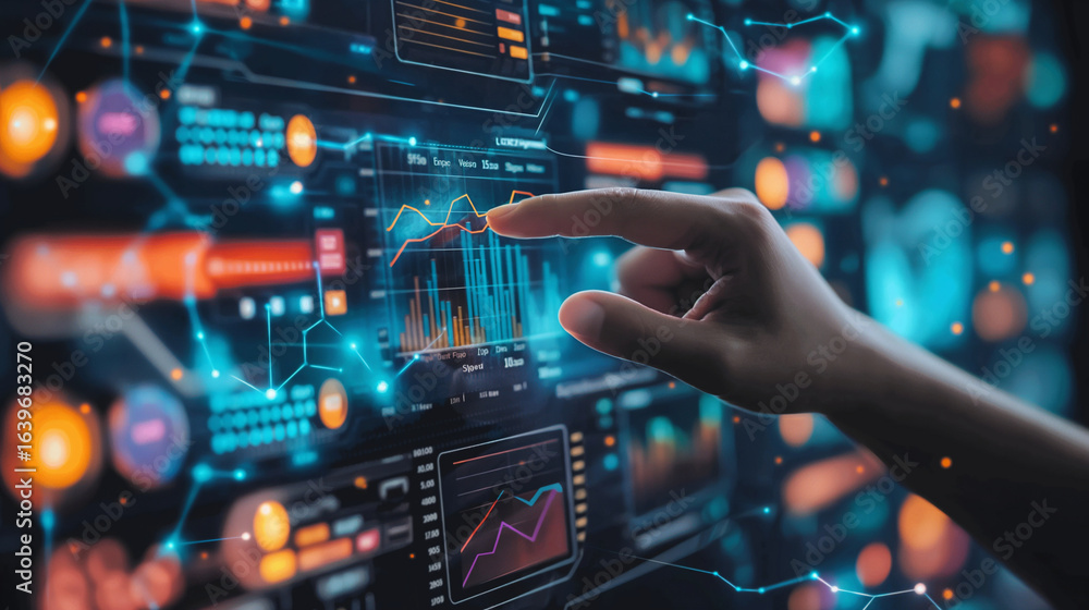 Poster a hand interacting with a digital interface displaying financial data graphs