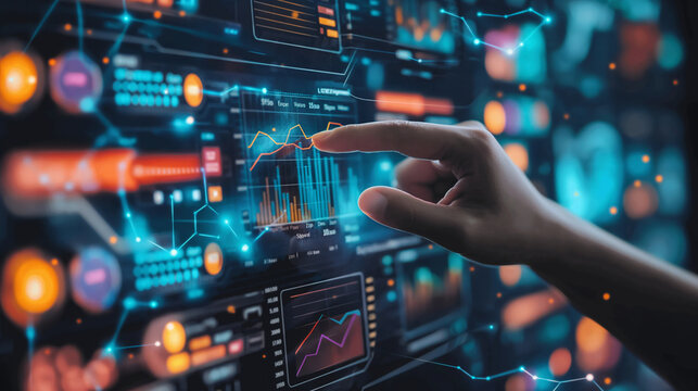 A hand interacting with a digital interface displaying financial data graphs - Powered by Adobe