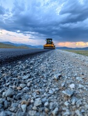 Construction vehicle working on a gravel road under a dramatic sky with distant mountains and clouds