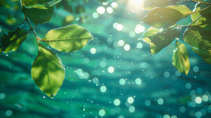 Green leaves with water droplets in sunlight