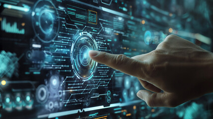 A hand interacting with a digital interface displaying complex data visuals