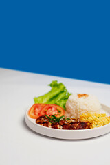 Crispy chicken katsu served with curry sauce and vegetable fried rice on a brown ceramic plate, isolated on white and blue background, Asian Japanese fusion cuisine concept.
