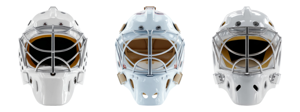 Detailed Close-Up of Three Goalie Masks from Front View