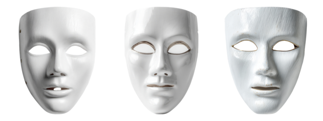 Three Unique White Masks Showcasing Different Expressions and Textures