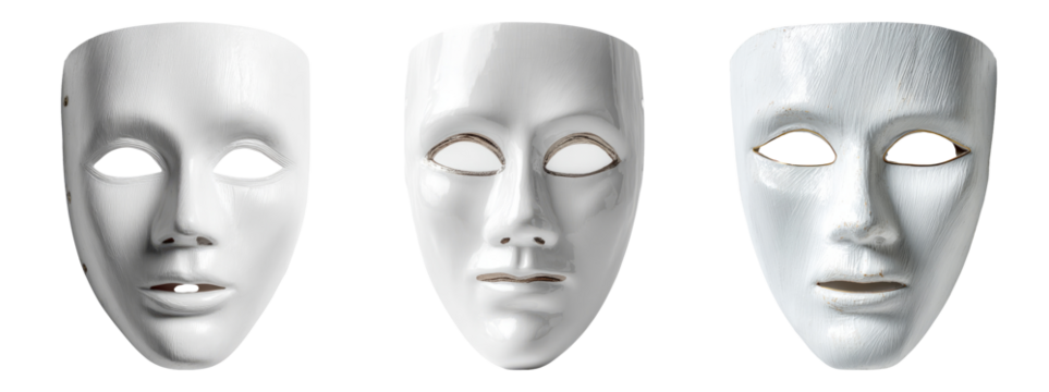 Three Unique White Masks Showcasing Different Expressions and Textures