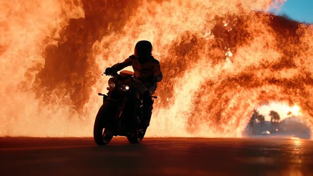 Motorcyclist riding through massive wall of fire explosion