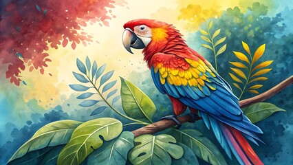 Vibrant watercolor illustration of a beautiful Scarlet Macaw parrot perched on a branch in a tropical jungle.